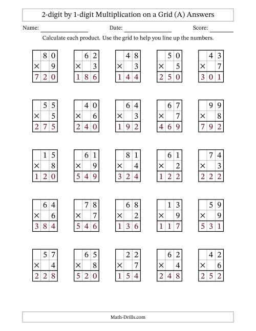 The 2-digit by 1-digit Multiplication with Grid Support (A) Math Worksheet Page 2