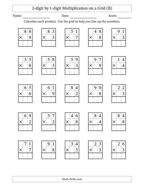 The 2-digit by 1-digit Multiplication with Grid Support (B) Math Worksheet