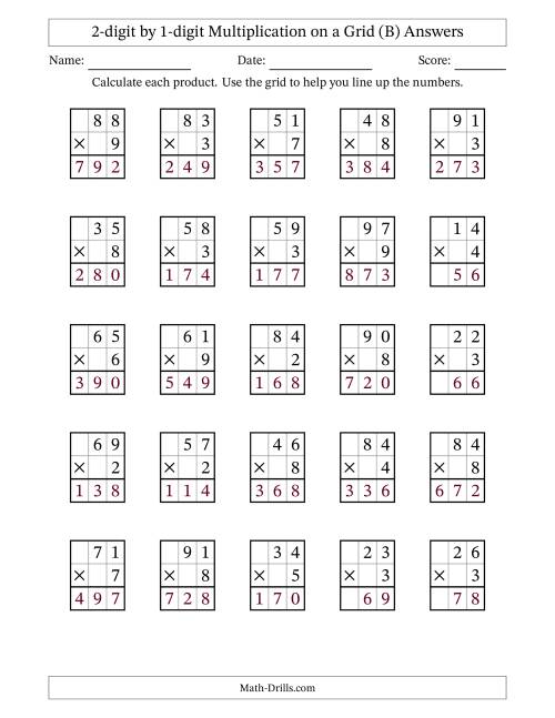 The 2-digit by 1-digit Multiplication with Grid Support (B) Math Worksheet Page 2