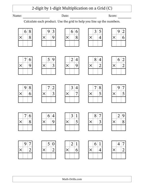 The 2-digit by 1-digit Multiplication with Grid Support (C) Math Worksheet