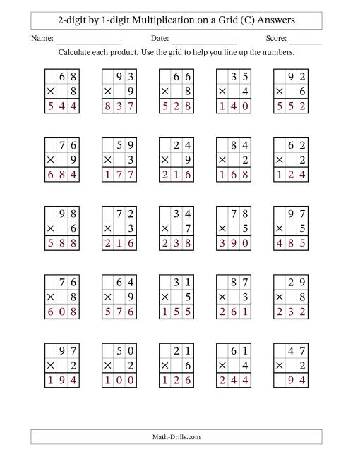 The 2-digit by 1-digit Multiplication with Grid Support (C) Math Worksheet Page 2