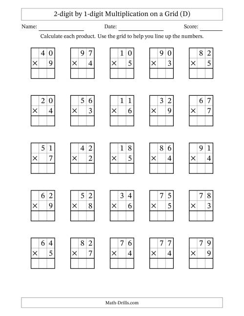 The 2-digit by 1-digit Multiplication with Grid Support (D) Math Worksheet