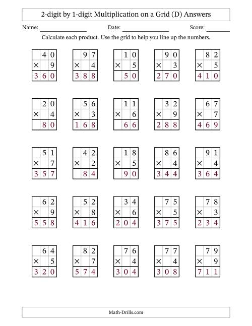 The 2-digit by 1-digit Multiplication with Grid Support (D) Math Worksheet Page 2