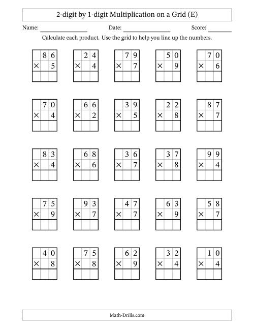 The 2-digit by 1-digit Multiplication with Grid Support (E) Math Worksheet