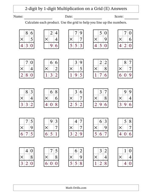 The 2-digit by 1-digit Multiplication with Grid Support (E) Math Worksheet Page 2