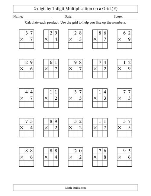 The 2-digit by 1-digit Multiplication with Grid Support (F) Math Worksheet