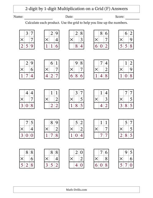 The 2-digit by 1-digit Multiplication with Grid Support (F) Math Worksheet Page 2
