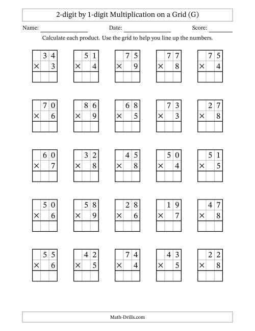 The 2-digit by 1-digit Multiplication with Grid Support (G) Math Worksheet