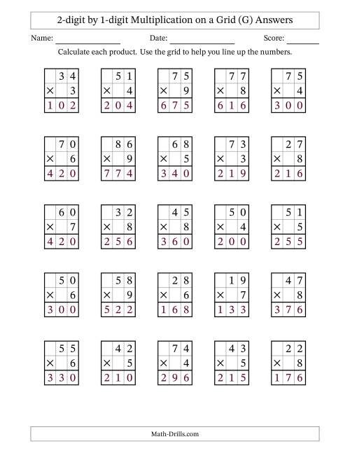 The 2-digit by 1-digit Multiplication with Grid Support (G) Math Worksheet Page 2