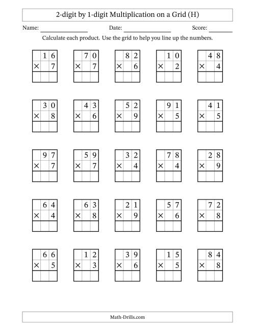 The 2-digit by 1-digit Multiplication with Grid Support (H) Math Worksheet