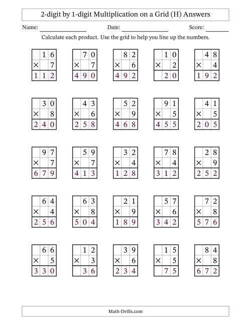 The 2-digit by 1-digit Multiplication with Grid Support (H) Math Worksheet Page 2