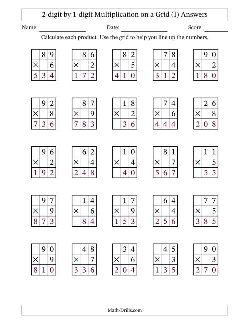 The 2-digit by 1-digit Multiplication with Grid Support (I) Math Worksheet Page 2