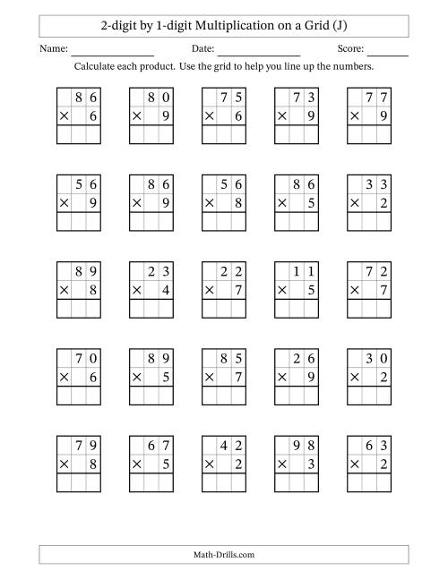 The 2-digit by 1-digit Multiplication with Grid Support (J) Math Worksheet