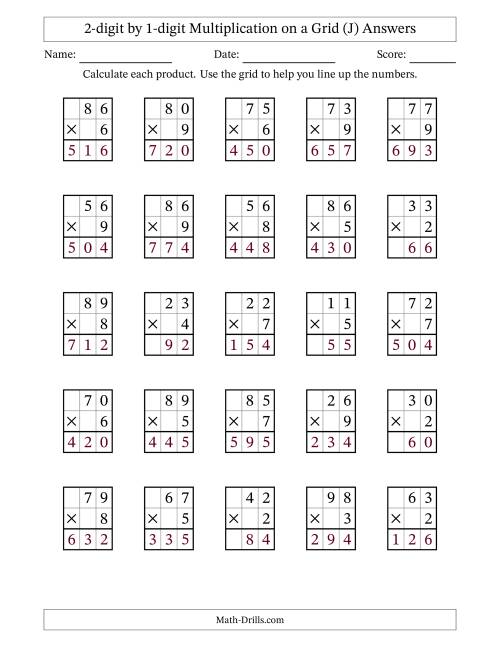 The 2-digit by 1-digit Multiplication with Grid Support (J) Math Worksheet Page 2