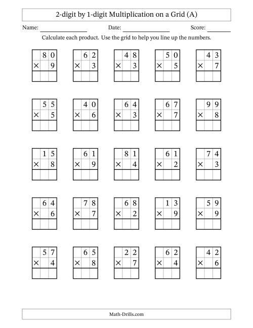 The 2-digit by 1-digit Multiplication with Grid Support (All) Math Worksheet