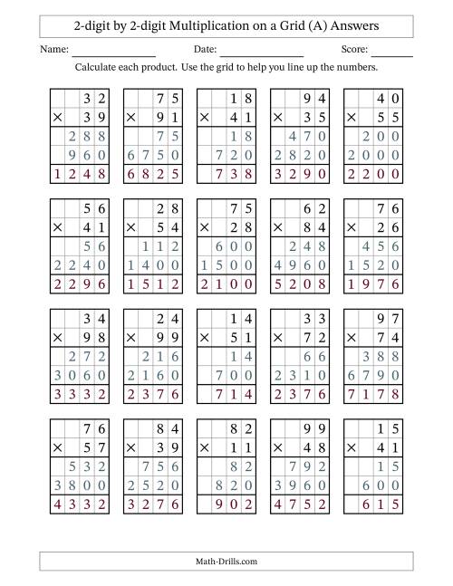 The 2-digit by 2-digit Multiplication with Grid Support (A) Math Worksheet Page 2