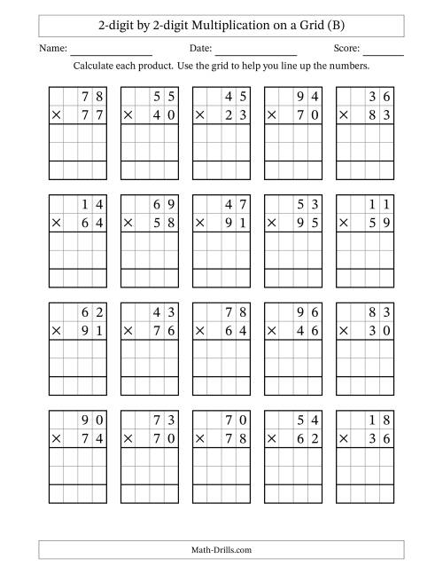 The 2-digit by 2-digit Multiplication with Grid Support (B) Math Worksheet