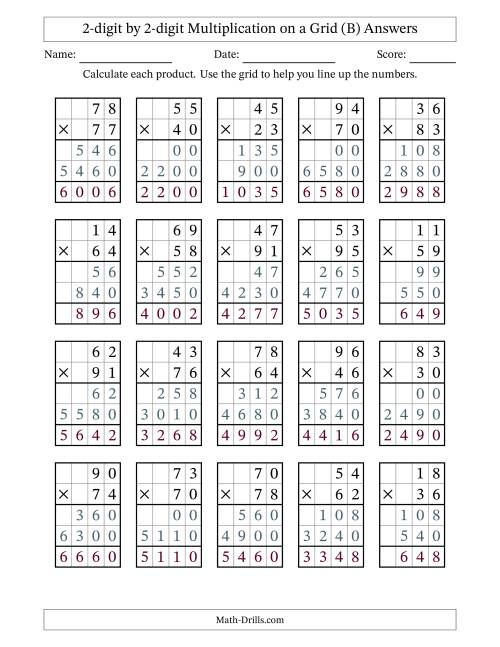 The 2-digit by 2-digit Multiplication with Grid Support (B) Math Worksheet Page 2