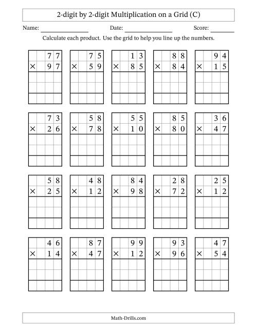 The 2-digit by 2-digit Multiplication with Grid Support (C) Math Worksheet