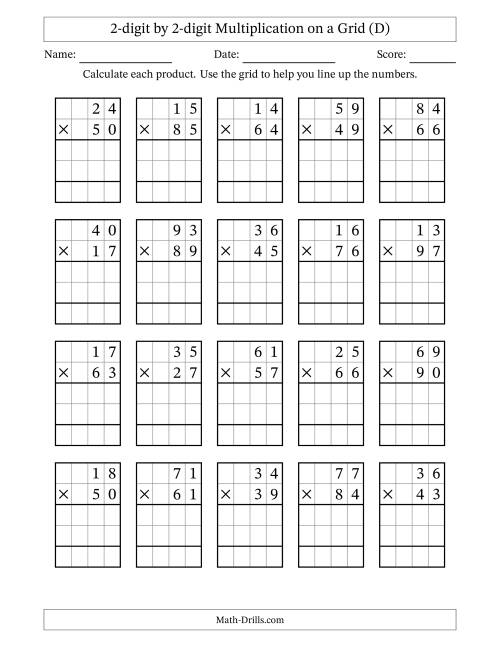 The 2-digit by 2-digit Multiplication with Grid Support (D) Math Worksheet