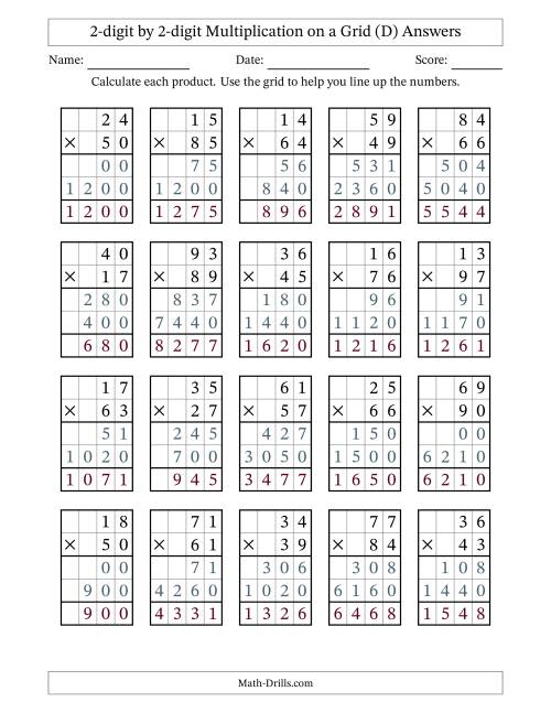 The 2-digit by 2-digit Multiplication with Grid Support (D) Math Worksheet Page 2
