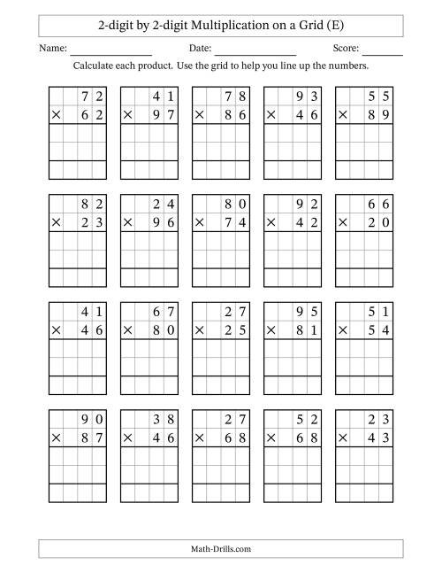The 2-digit by 2-digit Multiplication with Grid Support (E) Math Worksheet