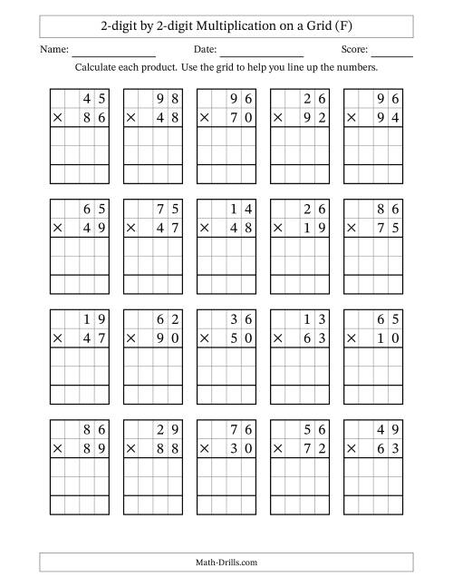The 2-digit by 2-digit Multiplication with Grid Support (F) Math Worksheet