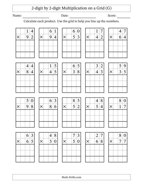 The 2-digit by 2-digit Multiplication with Grid Support (G) Math Worksheet