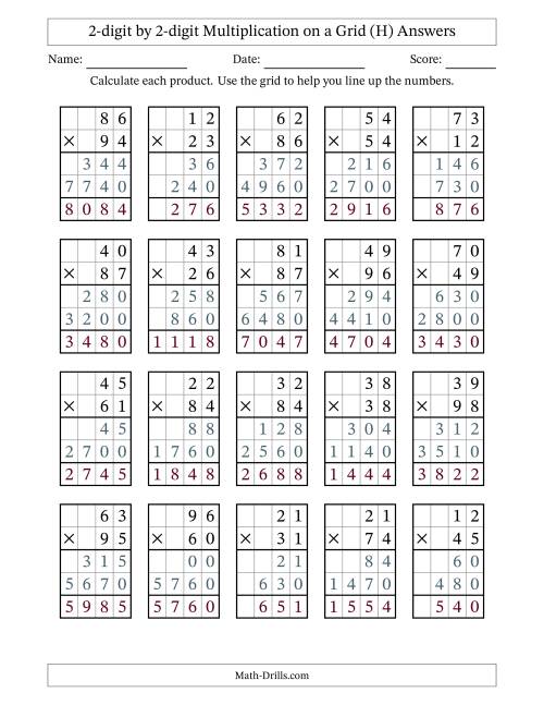 The 2-digit by 2-digit Multiplication with Grid Support (H) Math Worksheet Page 2