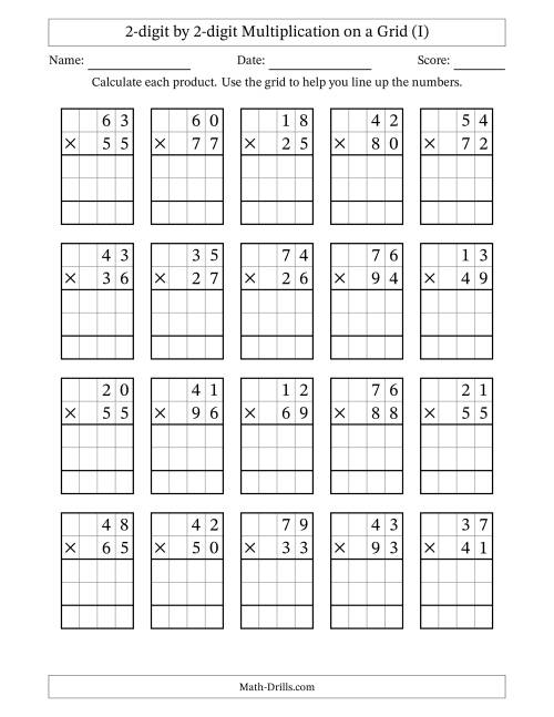 The 2-digit by 2-digit Multiplication with Grid Support (I) Math Worksheet