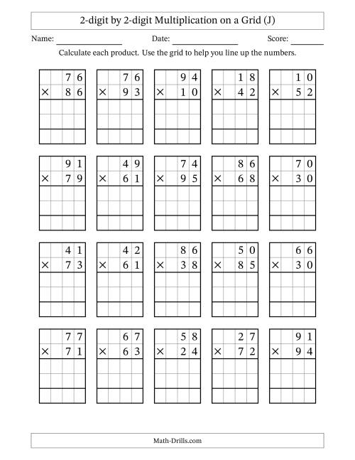 The 2-digit by 2-digit Multiplication with Grid Support (J) Math Worksheet