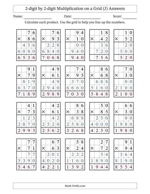 The 2-digit by 2-digit Multiplication with Grid Support (J) Math Worksheet Page 2