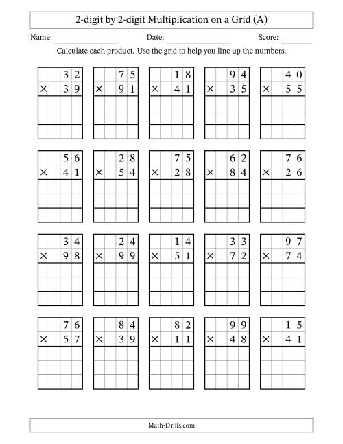 The 2-digit by 2-digit Multiplication with Grid Support (All) Math Worksheet
