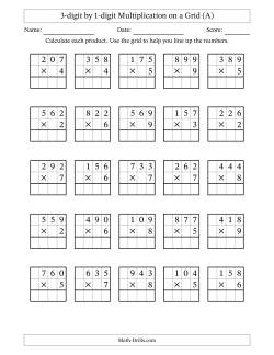 3-digit by 1-digit Multiplication with Grid Support