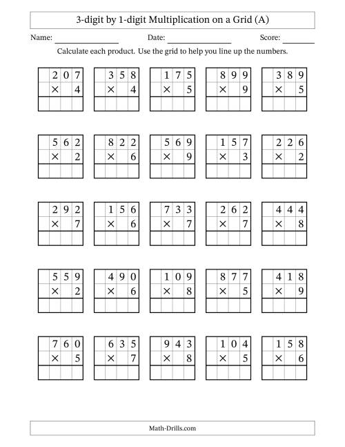 The 3-digit by 1-digit Multiplication with Grid Support (A) Math Worksheet