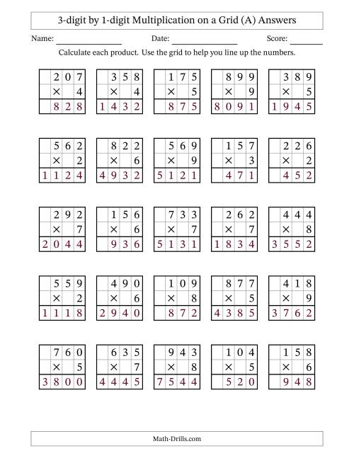 The 3-digit by 1-digit Multiplication with Grid Support (A) Math Worksheet Page 2