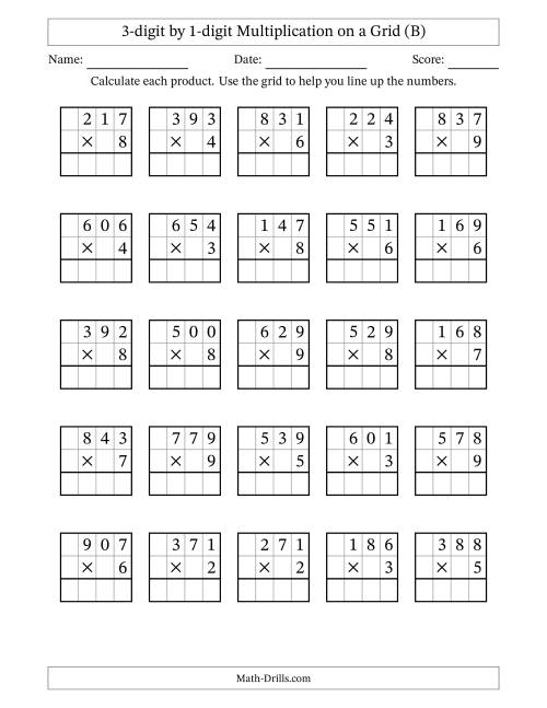 The 3-digit by 1-digit Multiplication with Grid Support (B) Math Worksheet