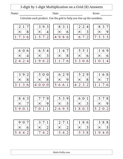 The 3-digit by 1-digit Multiplication with Grid Support (B) Math Worksheet Page 2