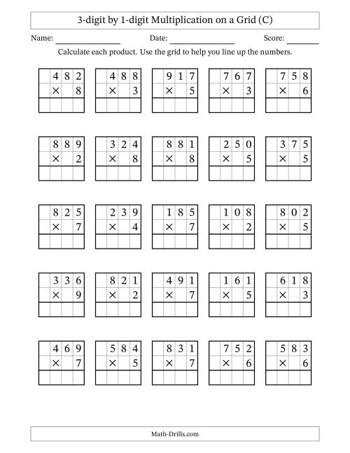 The 3-digit by 1-digit Multiplication with Grid Support (C) Math Worksheet