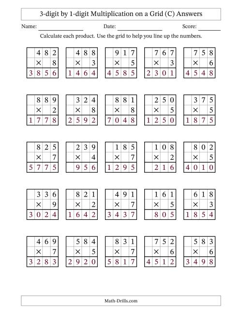 The 3-digit by 1-digit Multiplication with Grid Support (C) Math Worksheet Page 2