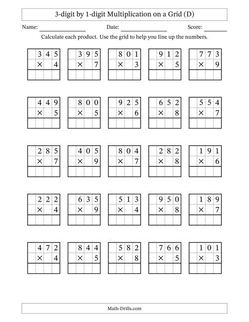 The 3-digit by 1-digit Multiplication with Grid Support (D) Math Worksheet