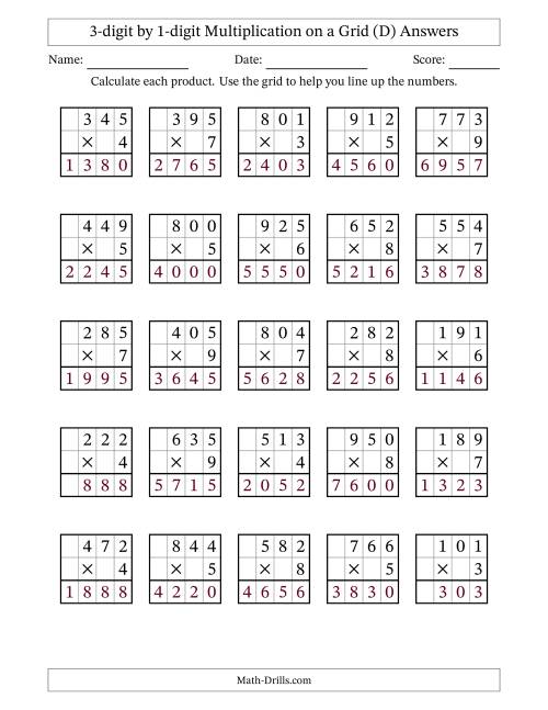 The 3-digit by 1-digit Multiplication with Grid Support (D) Math Worksheet Page 2