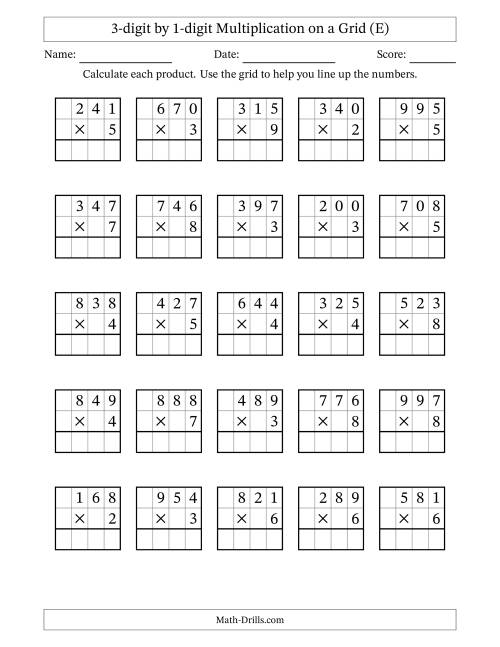 The 3-digit by 1-digit Multiplication with Grid Support (E) Math Worksheet