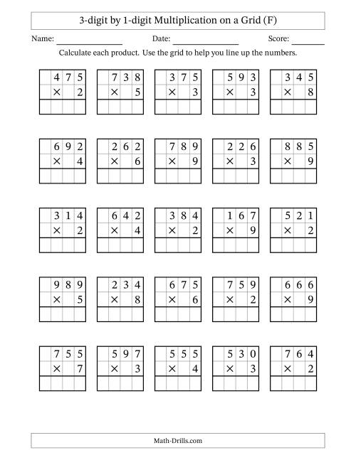 The 3-digit by 1-digit Multiplication with Grid Support (F) Math Worksheet