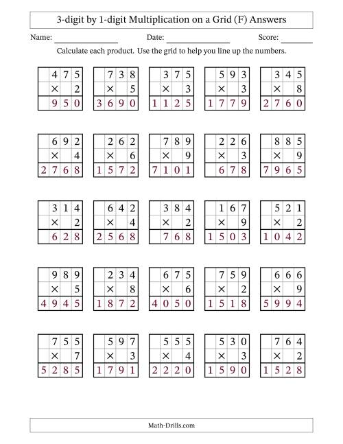 The 3-digit by 1-digit Multiplication with Grid Support (F) Math Worksheet Page 2