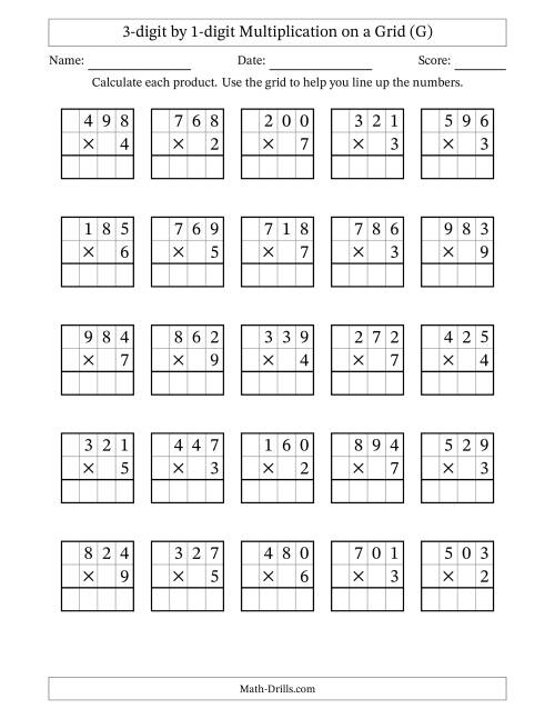 The 3-digit by 1-digit Multiplication with Grid Support (G) Math Worksheet