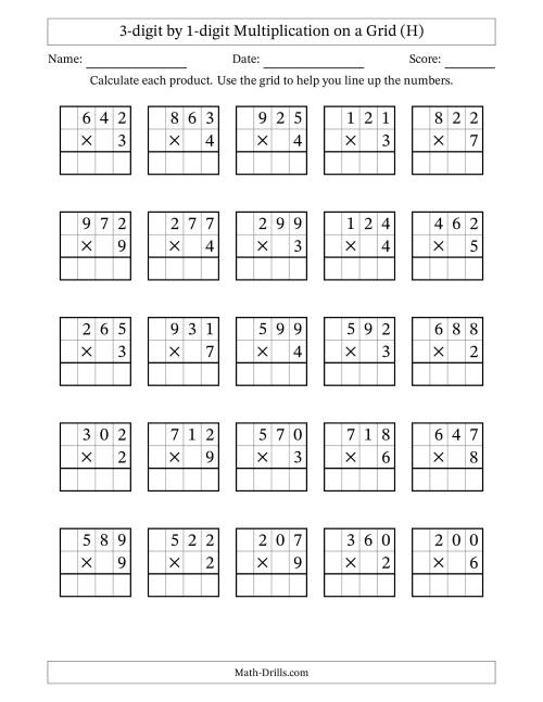 The 3-digit by 1-digit Multiplication with Grid Support (H) Math Worksheet