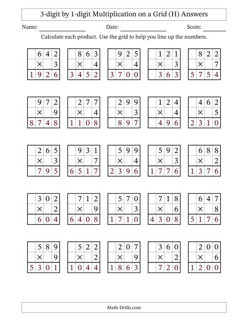 The 3-digit by 1-digit Multiplication with Grid Support (H) Math Worksheet Page 2