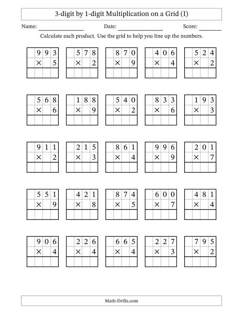 The 3-digit by 1-digit Multiplication with Grid Support (I) Math Worksheet