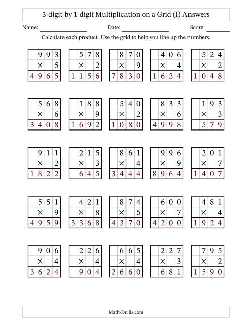 The 3-digit by 1-digit Multiplication with Grid Support (I) Math Worksheet Page 2